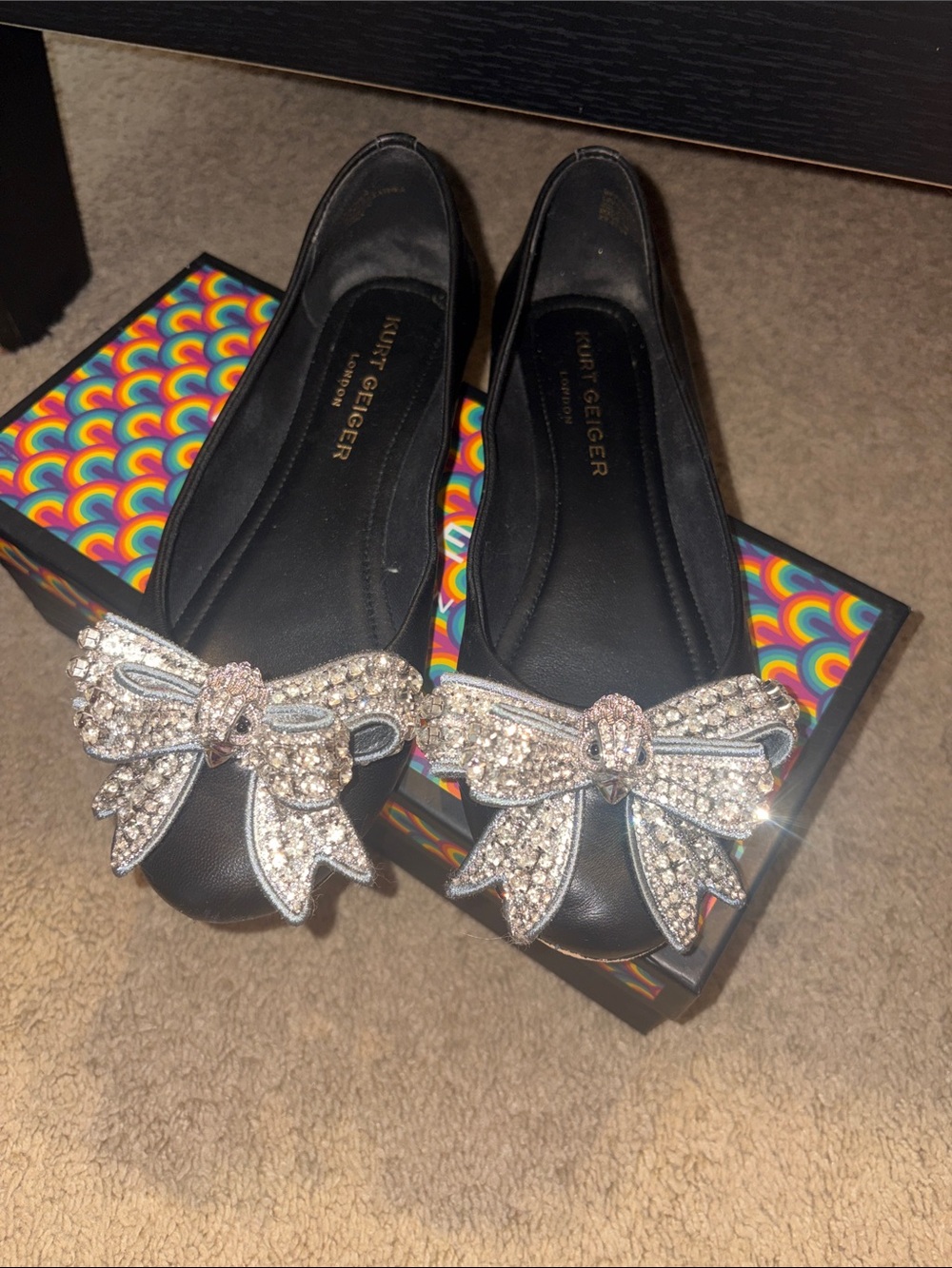 Kurt Geiger Black Leather Flats with Crystal Bow Embellishments
